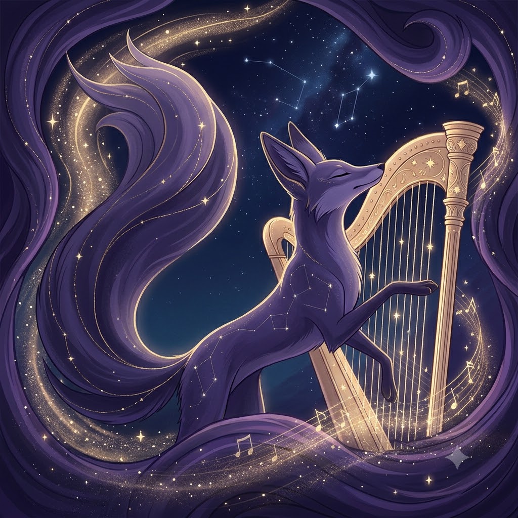 Sonata, the Good Times fox, playing a golden harp among the stars